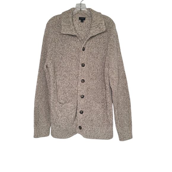 J Crew Cardigan Sweater Mens Large Beige Oatmeal Shawl Collar Cotton Grandpa Dad - Picture 1 of 10